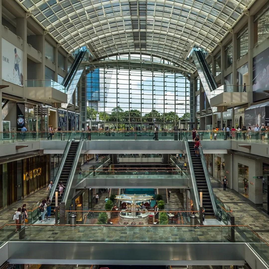 Interior of a mall with stairs in the center